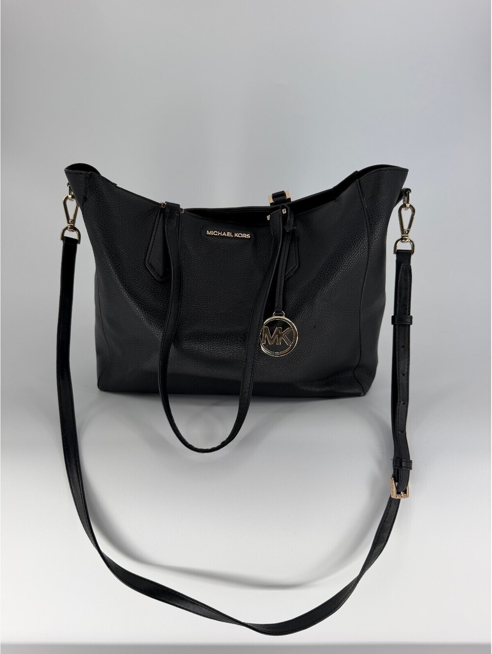 Michael Kors Black Leather Tote Shoulder Bag with MK Charm